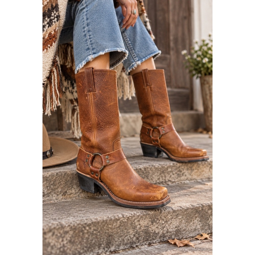 Frye Women's Size 6 Harness Western Boots Brown Leather Square Toe Moto Cowboy